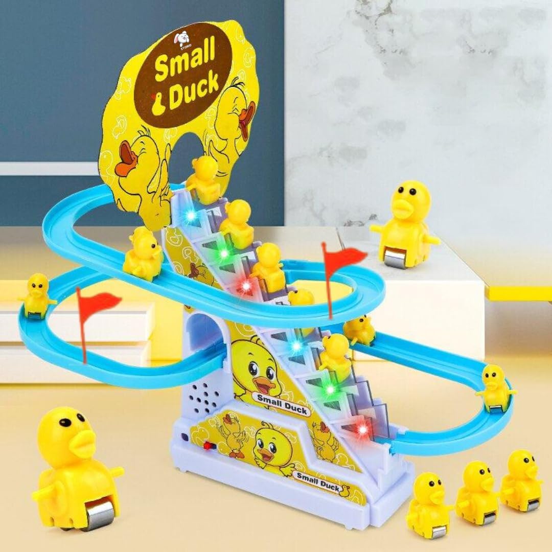 Duck Slide Toy Set, Funny Automatic Stair-Climbing Ducklings Cartoon Race Track Set Little Lovely Duck Slide Toy Escalator Toy with Lights and Music (3 sliding ducks)