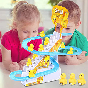 Duck Slide Toy Set, Funny Automatic Stair-Climbing Ducklings Cartoon Race Track Set Little Lovely Duck Slide Toy Escalator Toy with Lights and Music (3 sliding ducks)